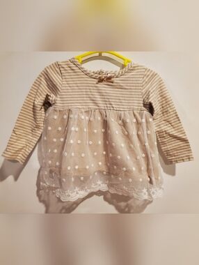 Savannah 6-9 Month Beige Striped Long-Sleeve Tulle Tunic